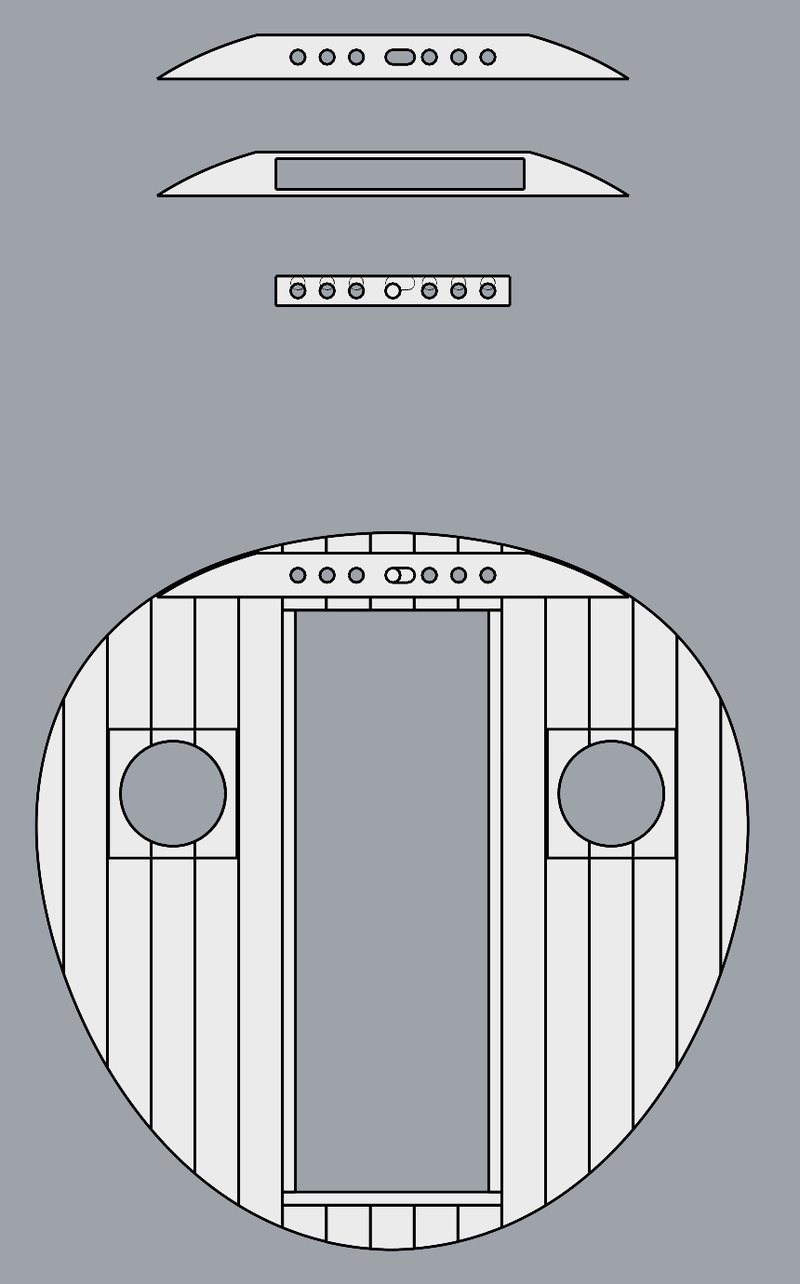 Drawing of the front wall: vertical boards, a door opening, two round window openings and the vent strip above
