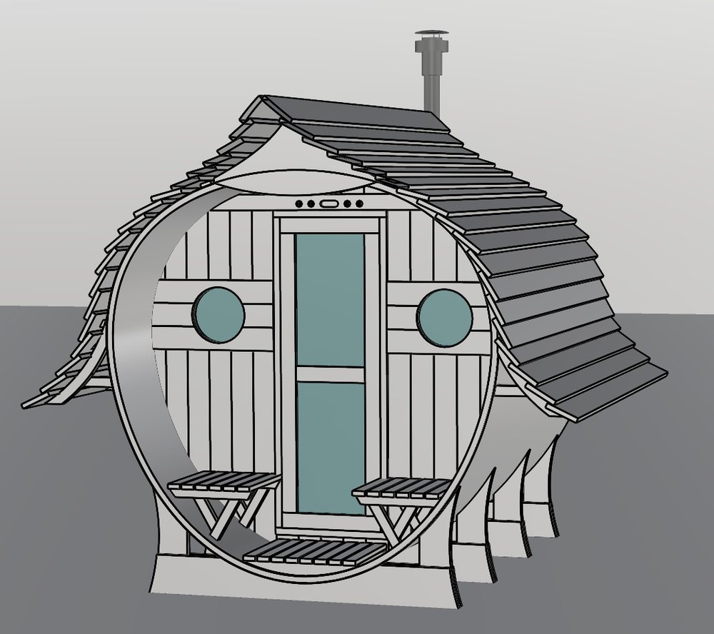 Line render of the sauna model: round windows, glazed door, benches and a curved shingled roof