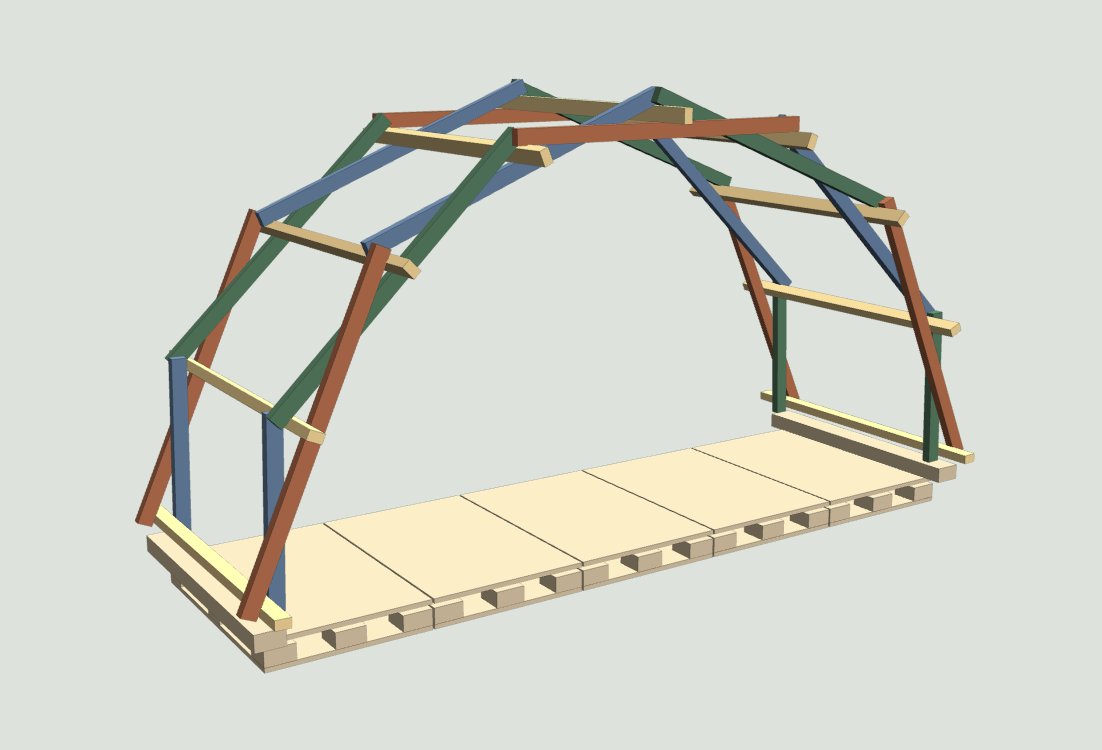 3D model of the woodshed: three families of bars woven into an arch over a deck of five pallets, tied together by runners