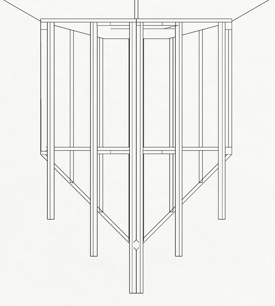 Elevation of the extension's timber frame: posts, two floor levels and angled braces narrowing to the base